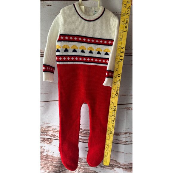 Vintage Red & White Baby Knit Footie Jumper With Mushroom Pattern Back Zipper Cl - Picture 7 of 9